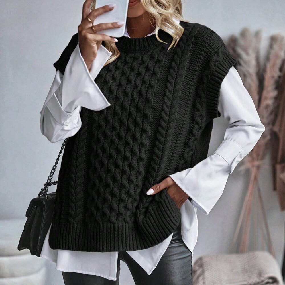 Black Casual Women's Cable Knitted Sleeveless Sweater Vest